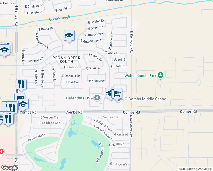 map of restaurants, bars, coffee shops, grocery stores, and more near 37896 North Kyle Street in Queen Creek