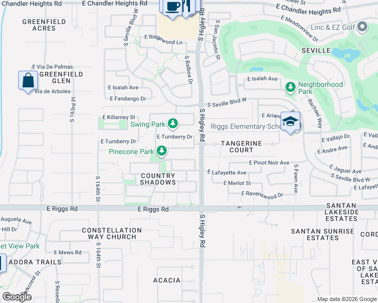 map of restaurants, bars, coffee shops, grocery stores, and more near 3159 East Vallejo Drive in Gilbert