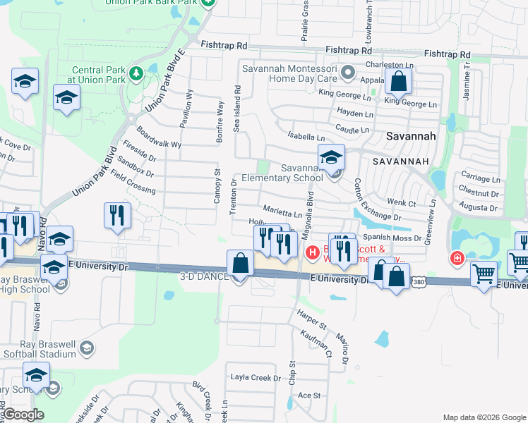 map of restaurants, bars, coffee shops, grocery stores, and more near 809 Marietta Lane in Aubrey