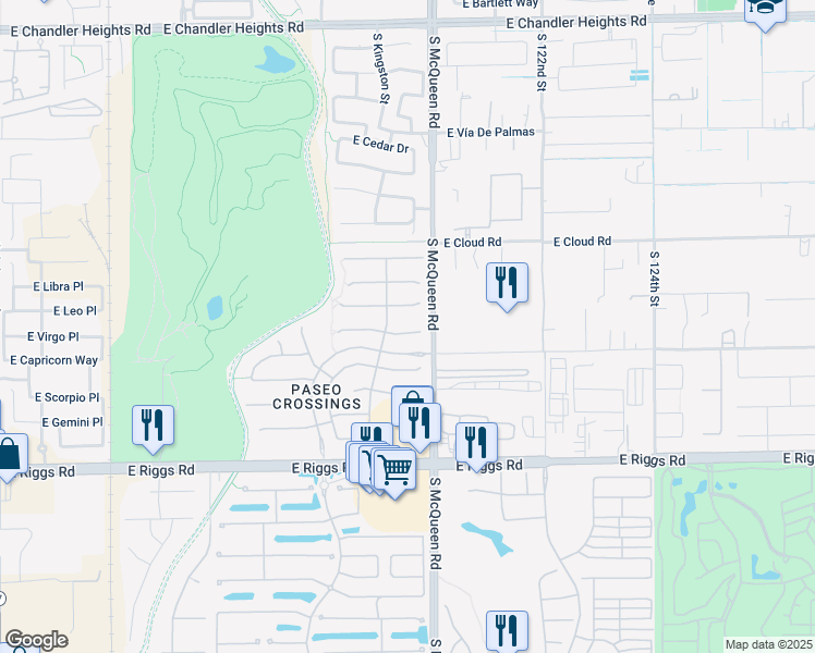 map of restaurants, bars, coffee shops, grocery stores, and more near 956 East Virgo Place in Chandler