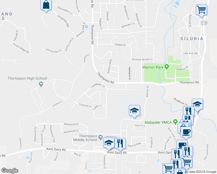 map of restaurants, bars, coffee shops, grocery stores, and more near 1168 Caribbean Circle in Alabaster