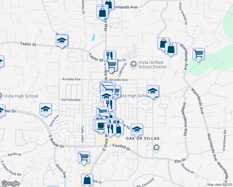 map of restaurants, bars, coffee shops, grocery stores, and more near 1211 Mariposa Court in Vista