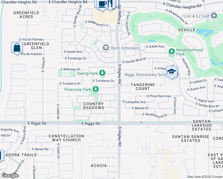 map of restaurants, bars, coffee shops, grocery stores, and more near 3159 East Vallejo Drive in Gilbert