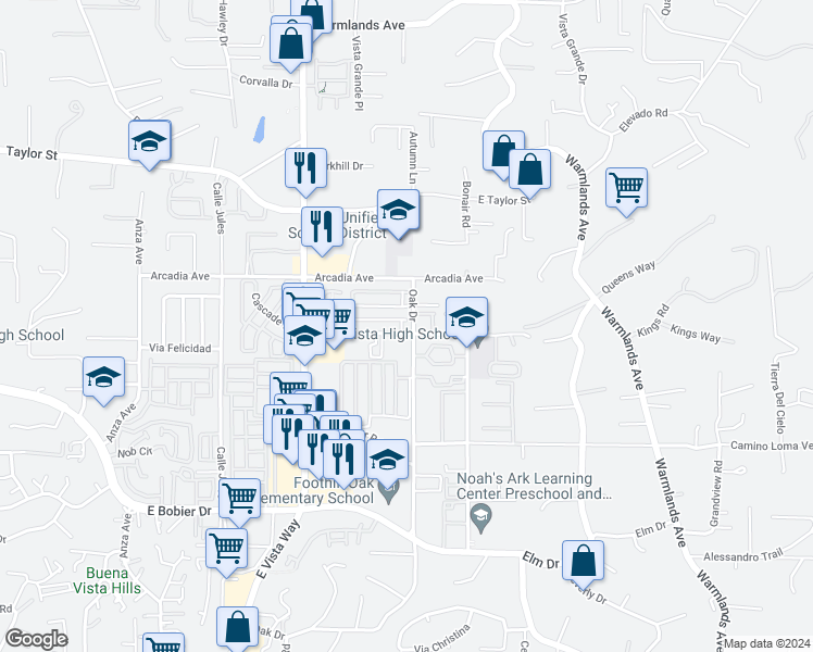 map of restaurants, bars, coffee shops, grocery stores, and more near 1252A Palomar Place in Vista