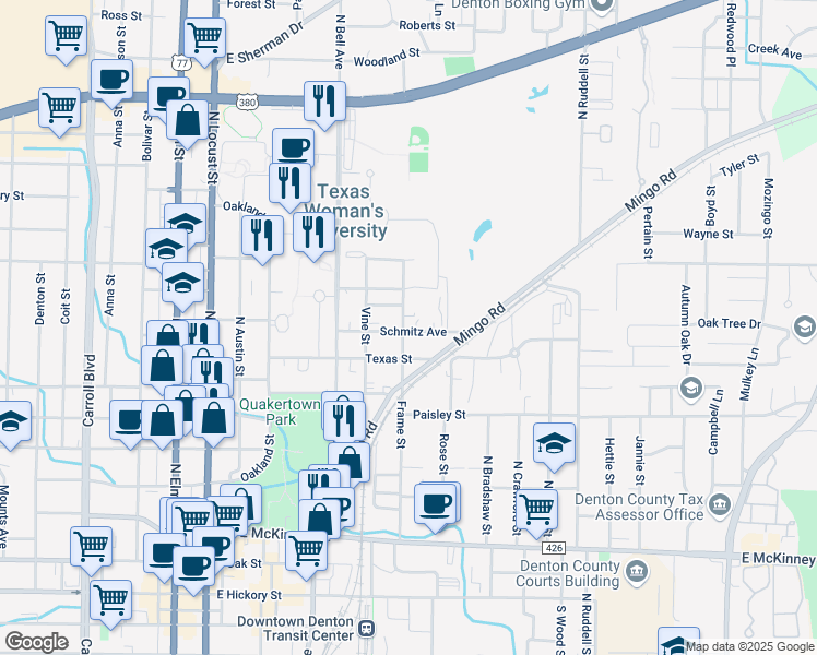 map of restaurants, bars, coffee shops, grocery stores, and more near 629 Schmitz Avenue in Denton