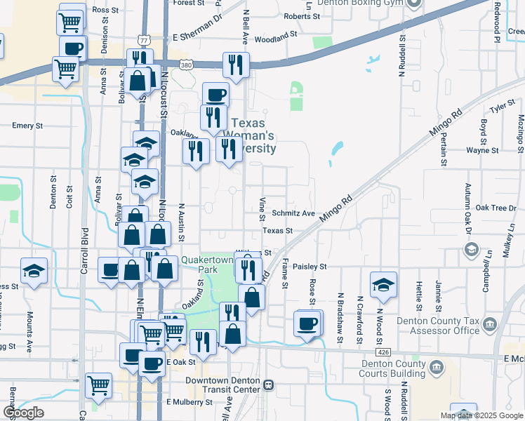 map of restaurants, bars, coffee shops, grocery stores, and more near 1113 Vine Street in Denton