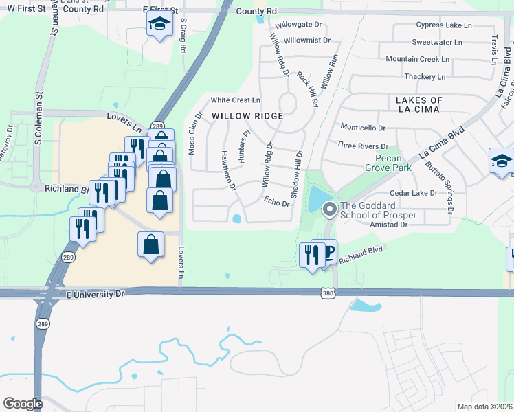 map of restaurants, bars, coffee shops, grocery stores, and more near 951 Willow Ridge in Prosper