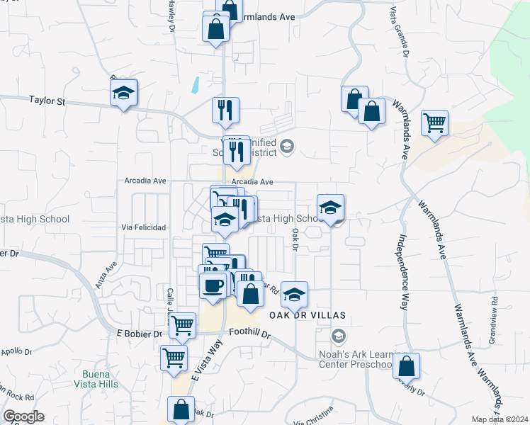 map of restaurants, bars, coffee shops, grocery stores, and more near 1216 Palomar Place in Vista