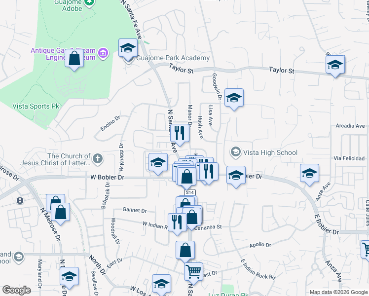 map of restaurants, bars, coffee shops, grocery stores, and more near 1609 North Santa Fe Avenue in Vista