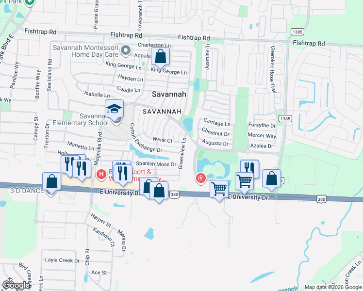 map of restaurants, bars, coffee shops, grocery stores, and more near 901 Wenk Court in Denton County