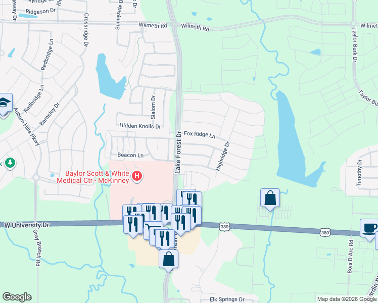 map of restaurants, bars, coffee shops, grocery stores, and more near 4908 Brookridge Avenue in McKinney