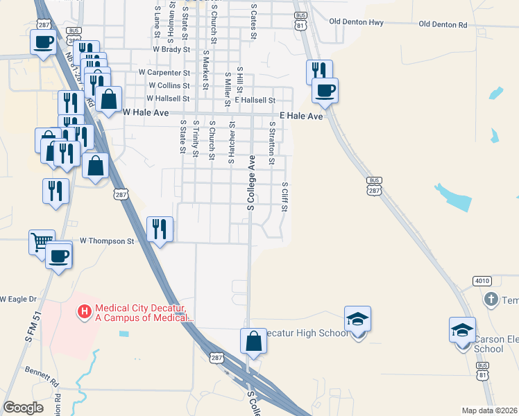 map of restaurants, bars, coffee shops, grocery stores, and more near 404 East Charles Street in Decatur