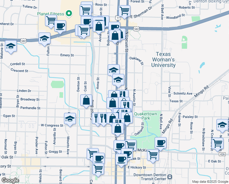 map of restaurants, bars, coffee shops, grocery stores, and more near 1013 North Elm Street in Denton