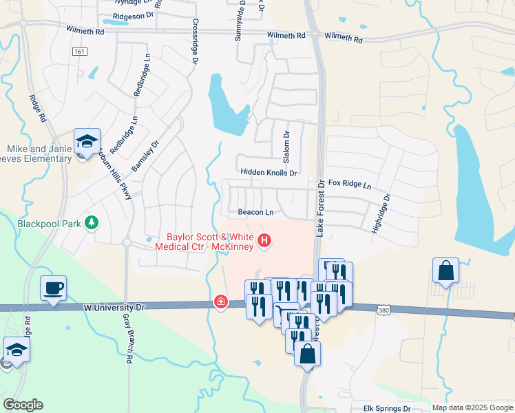 map of restaurants, bars, coffee shops, grocery stores, and more near 2205 Julian Drive in McKinney