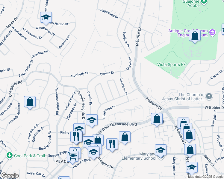 map of restaurants, bars, coffee shops, grocery stores, and more near 1446 Westmore Place in Oceanside