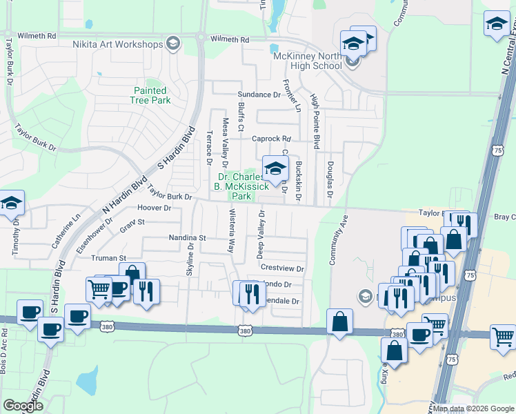 map of restaurants, bars, coffee shops, grocery stores, and more near 2214 Deep Valley Drive in McKinney