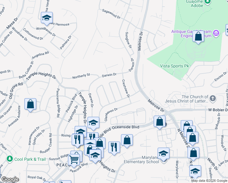 map of restaurants, bars, coffee shops, grocery stores, and more near 1442 Westmore Place in Oceanside