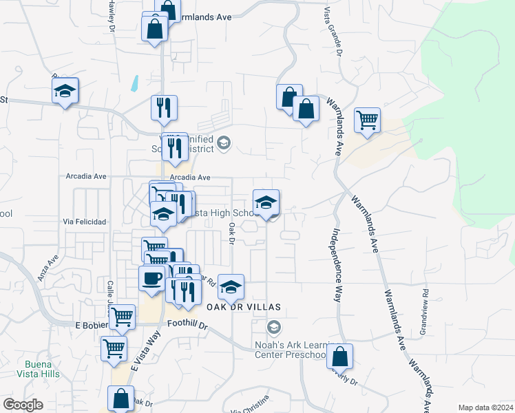 map of restaurants, bars, coffee shops, grocery stores, and more near 1360 Palomar Place in Vista