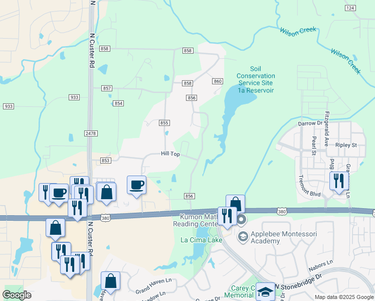 map of restaurants, bars, coffee shops, grocery stores, and more near 2485 Hill Top in McKinney