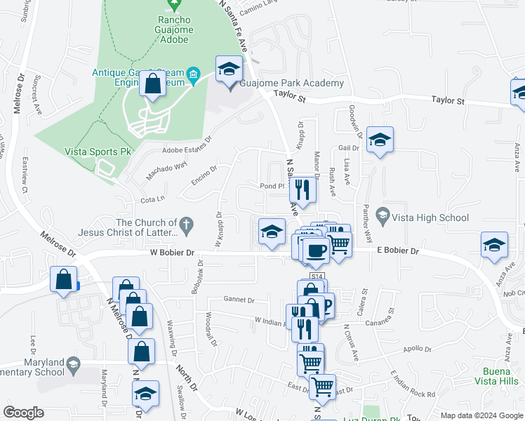 map of restaurants, bars, coffee shops, grocery stores, and more near 291 Weston Circle in Vista