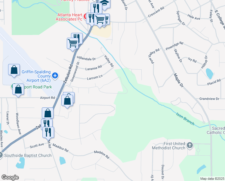 map of restaurants, bars, coffee shops, grocery stores, and more near 309 Wynterhall Drive in Griffin