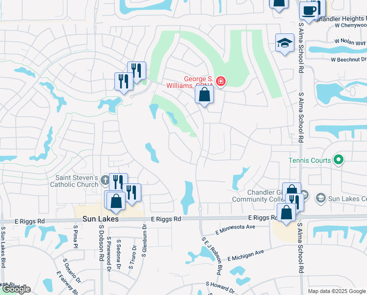 map of restaurants, bars, coffee shops, grocery stores, and more near 24606 S Rocky Brook Dr in Sun Lakes