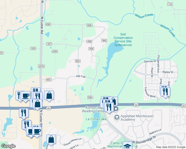 map of restaurants, bars, coffee shops, grocery stores, and more near 2485 Hill Top in McKinney