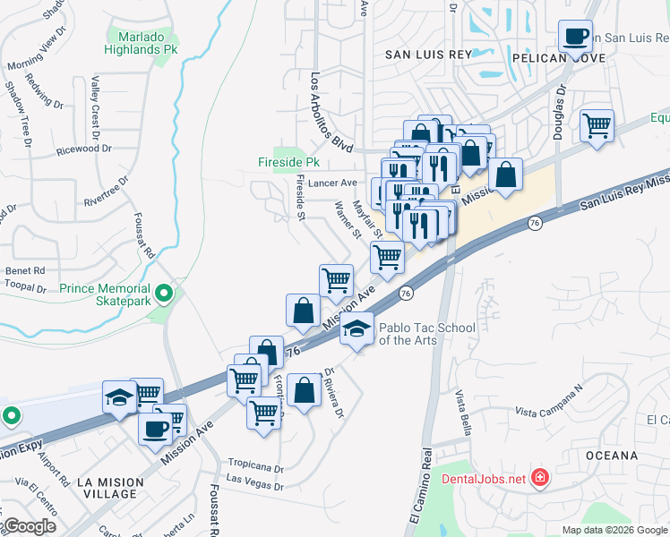 map of restaurants, bars, coffee shops, grocery stores, and more near 131 Heritage Street in Oceanside