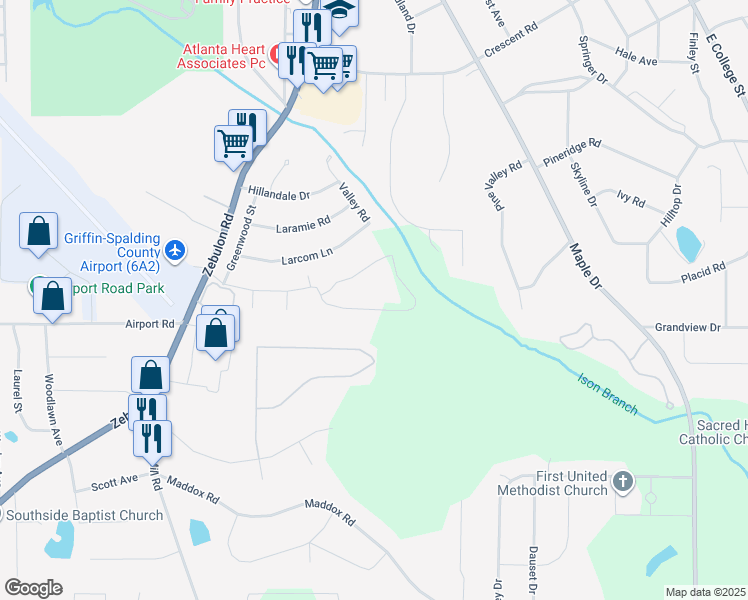 map of restaurants, bars, coffee shops, grocery stores, and more near 309 Wynterhall Drive in Griffin