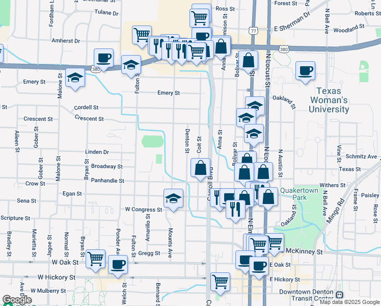 map of restaurants, bars, coffee shops, grocery stores, and more near 914 Denton Street in Denton