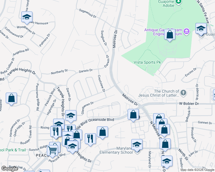 map of restaurants, bars, coffee shops, grocery stores, and more near 1448 Grey Oaks Court in Oceanside