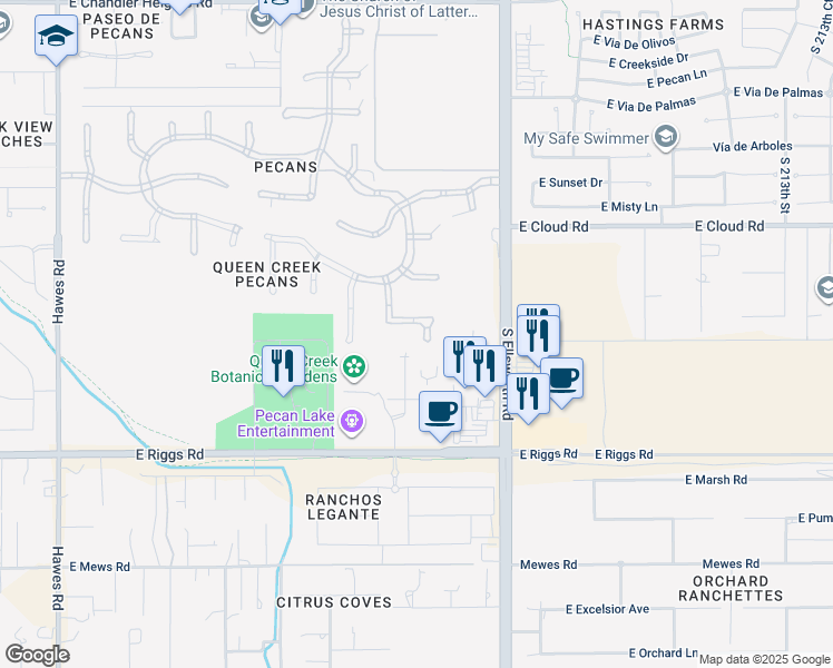 map of restaurants, bars, coffee shops, grocery stores, and more near 24888 South 206th Place in Queen Creek