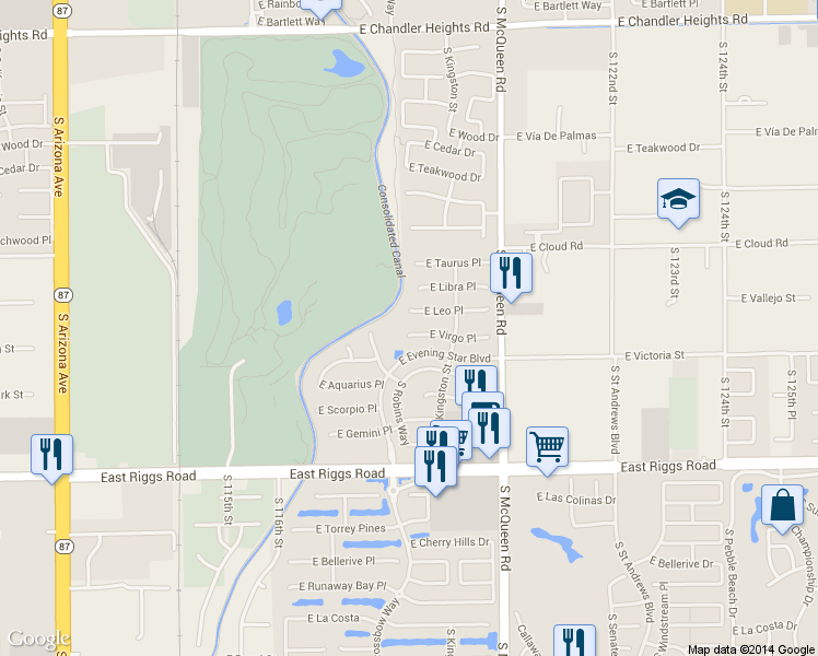 map of restaurants, bars, coffee shops, grocery stores, and more near 816 East Virgo Place in Chandler