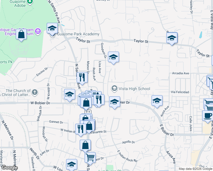 map of restaurants, bars, coffee shops, grocery stores, and more near 1 Panther Way in Vista