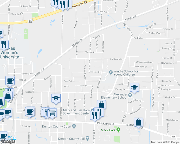 map of restaurants, bars, coffee shops, grocery stores, and more near 1611 Oak Tree Drive in Denton