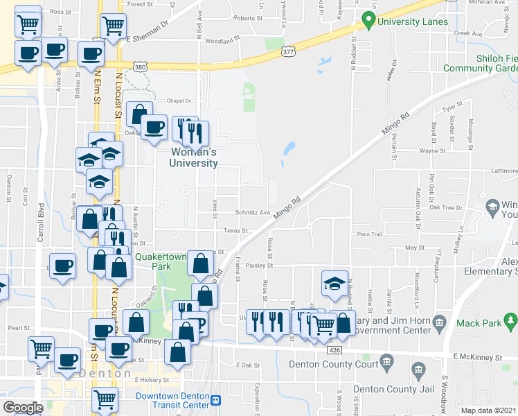 map of restaurants, bars, coffee shops, grocery stores, and more near 737 Schmitz Ave in Denton