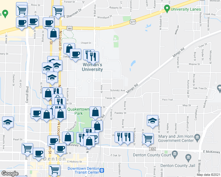 map of restaurants, bars, coffee shops, grocery stores, and more near 629 Schmitz Avenue in Denton