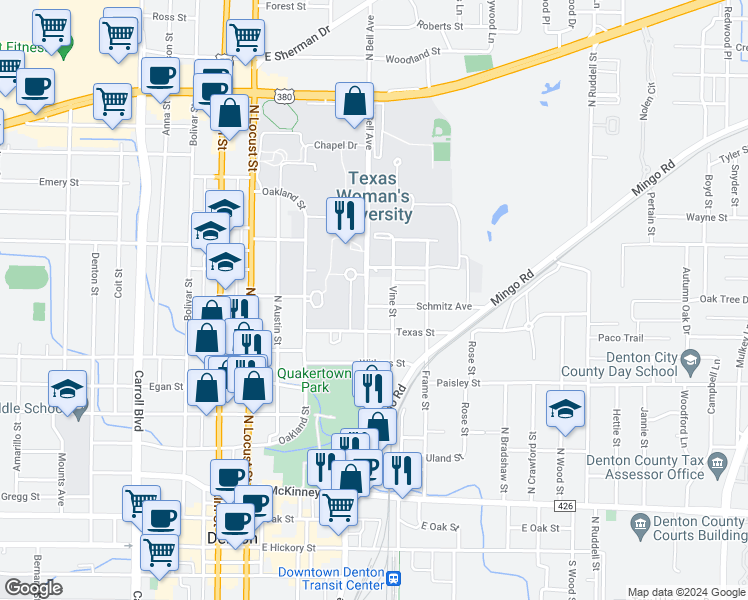 map of restaurants, bars, coffee shops, grocery stores, and more near 1113 Vine Street in Denton