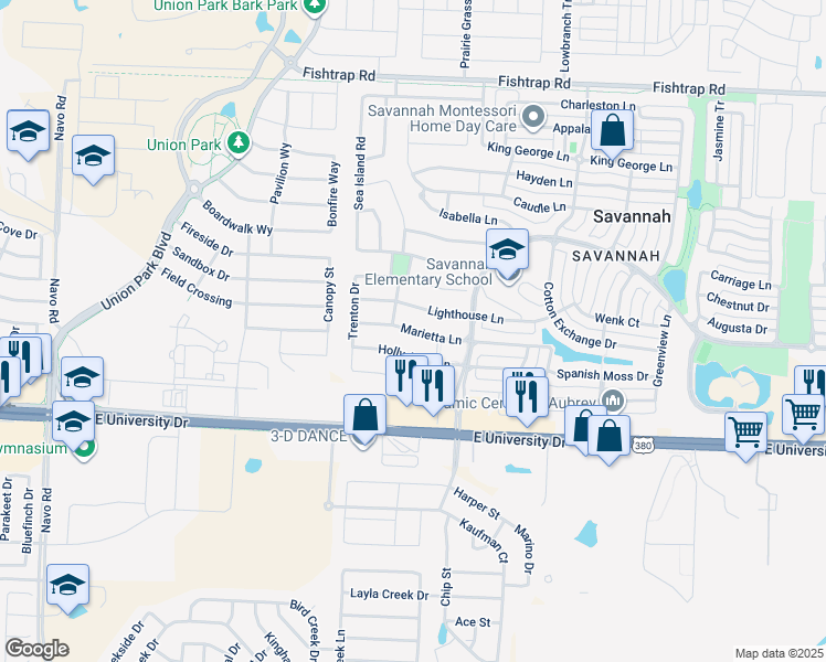 map of restaurants, bars, coffee shops, grocery stores, and more near Marietta Lane in Aubrey