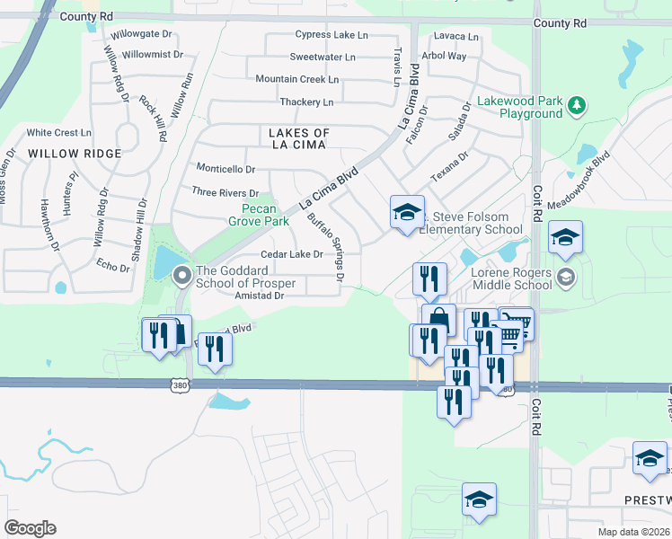 map of restaurants, bars, coffee shops, grocery stores, and more near 1441 Millers Creek Dr in Prosper