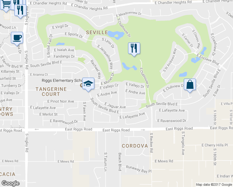 map of restaurants, bars, coffee shops, grocery stores, and more near 6972 South View Lane in Gilbert