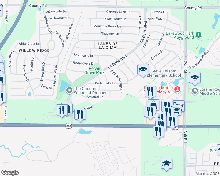 map of restaurants, bars, coffee shops, grocery stores, and more near 1351 Millers Creek Drive in Prosper