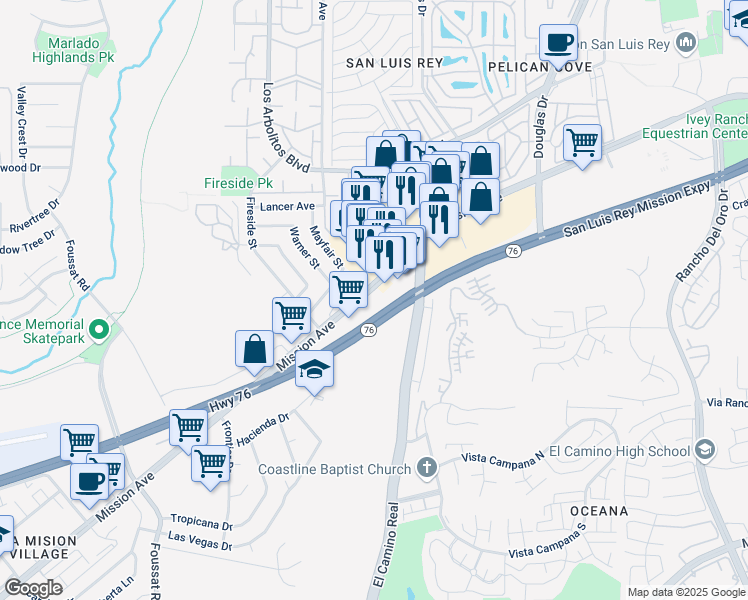 map of restaurants, bars, coffee shops, grocery stores, and more near 3661 Mission Avenue in Oceanside