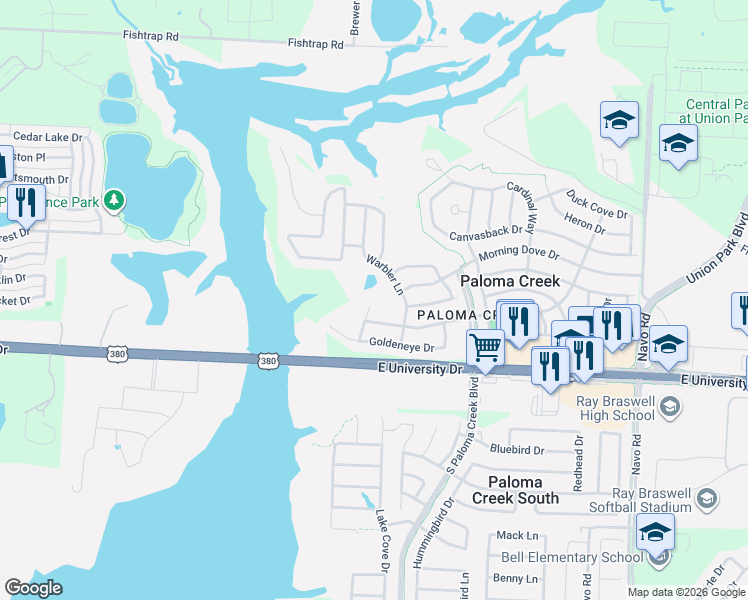 map of restaurants, bars, coffee shops, grocery stores, and more near 833 Blue Heron Lane in Aubrey