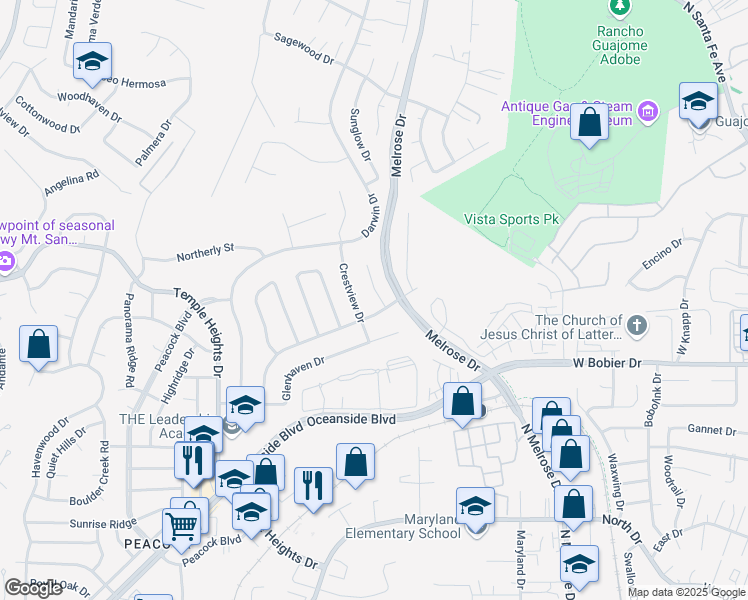 map of restaurants, bars, coffee shops, grocery stores, and more near 1448 Grey Oaks Court in Oceanside