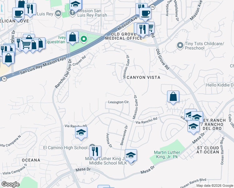 map of restaurants, bars, coffee shops, grocery stores, and more near 4252 Alta Vista Court in Oceanside