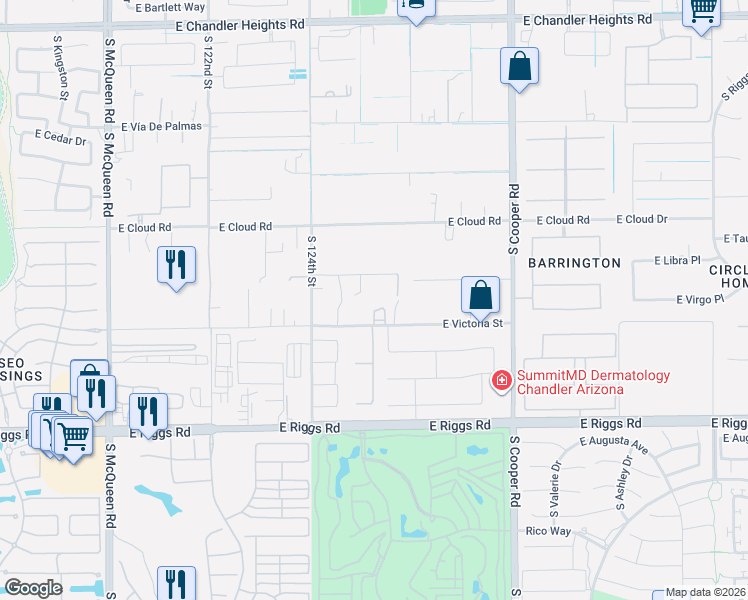 map of restaurants, bars, coffee shops, grocery stores, and more near 24620 South 125th Street in Chandler