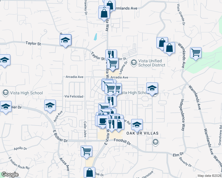 map of restaurants, bars, coffee shops, grocery stores, and more near 1126 Madera Lane in Vista