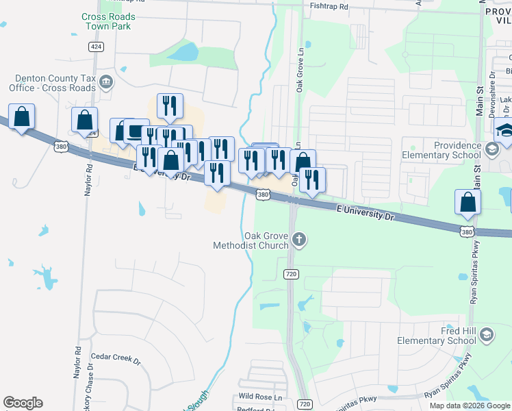 map of restaurants, bars, coffee shops, grocery stores, and more near 12000 U.S. 380 in Aubrey
