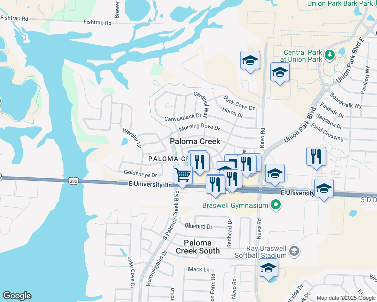map of restaurants, bars, coffee shops, grocery stores, and more near 1404 Sparrow Lane in Aubrey